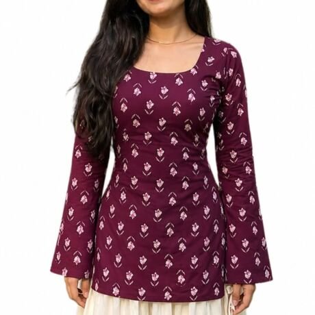 Women Rayon Printed Top | Bell Sleeve Kurti for Women | Stylish Side Slit Square Neck Top | Casual & Office Wear (in, Alpha, Regular, Wine)