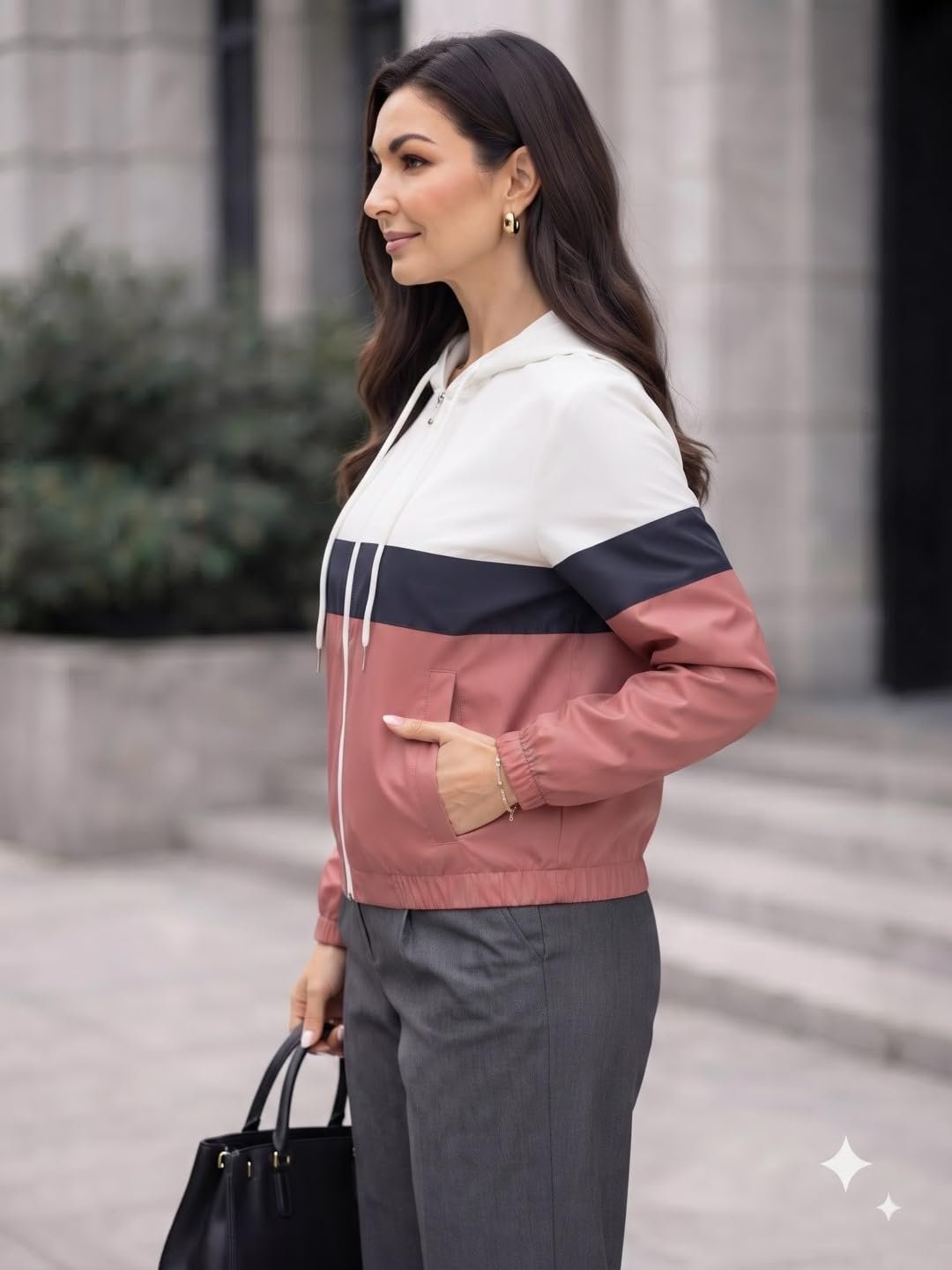 Women’s Hooded Full Zip Color Block Jacket, Lightweight Travel Outerwear - Image 3