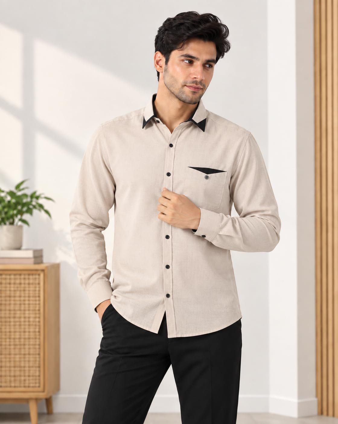 ® Men's Premium Formal Shirt | Regular Fit Full Sleeve Button Down Shirt with Contrast Collar & Pocket | Shirt for Men | Stylish Office, Business & Casual Wear (Full-Shirt-2054-Chiku) - Image 2