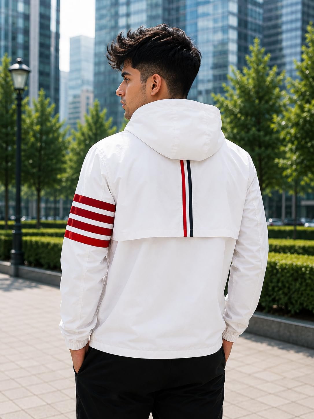 Men's Lightweight Hooded Windcheater Jacket with Full Front Zipper Striped Sleeve Detail Elastic Cuffs and Casual Outdoor Wear Design-KRN Patti White Upper Jacket - Image 5