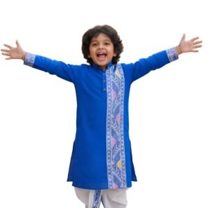 Boys Jamdani Kurta Punjabi and Dupion Silk Dhoti Set | Pure Cotton Kurta with Woven Design | 2–14 Years Kids| Festival, Party & Wedding Outfit | Colour Options | 2 Pocket (BLUE, 13-14 YEAR)
