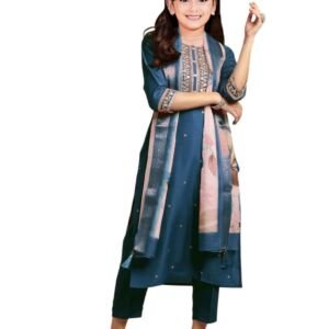 Girls Rayon Slub Embroidered Kurta Pant & Dupatta Set 3/4 Sleeve Round Neck Ethnic Suit Set Wear Dress for Girls (IN, Age, 11 Years, 12 Years, blue)