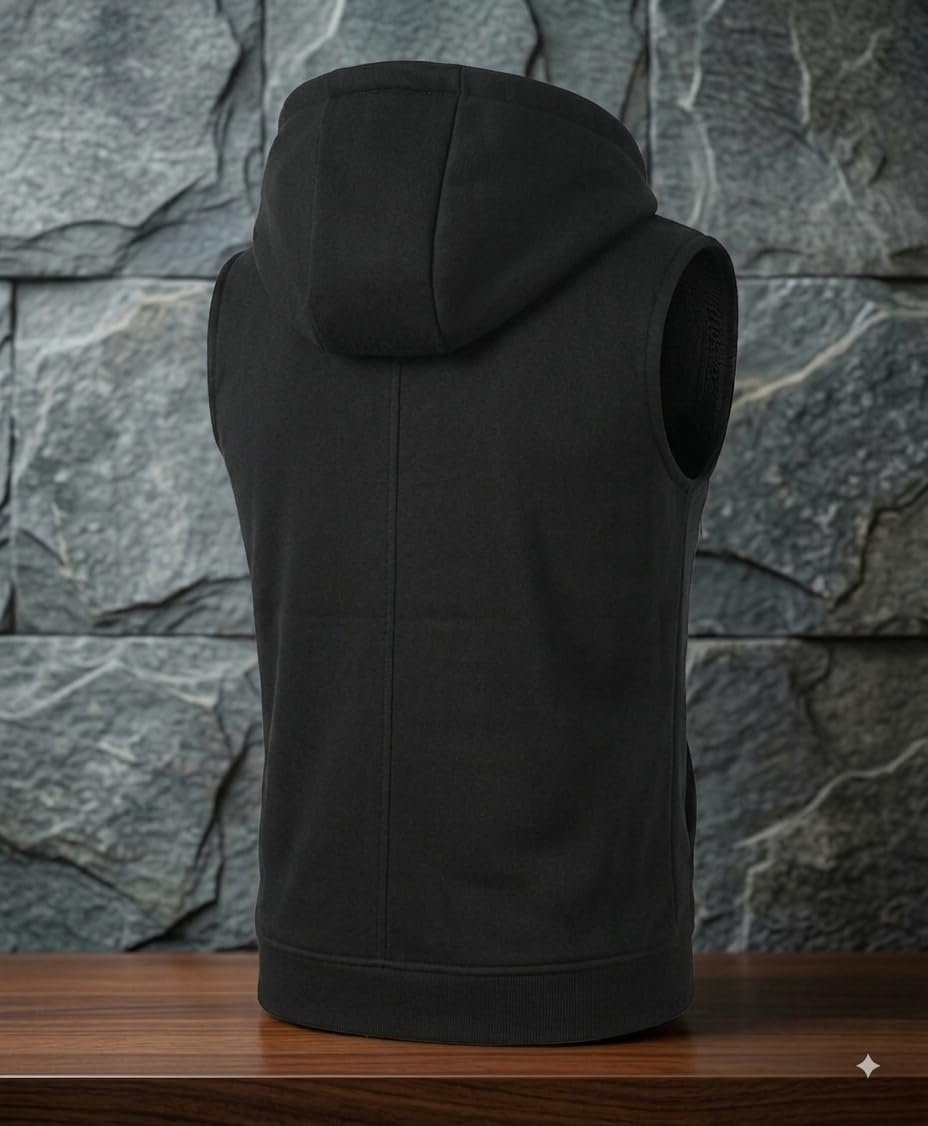 Men's Sleeveless Fleece Hoodie Jacket | Zip-Up Hooded Vest with Drawstring | Slim Fit Casual Sportswear Tank Top with 2 Side Pockets | Lightweight Winter & Gym Wear (in, Alpha, Regular, Black) - Image 4