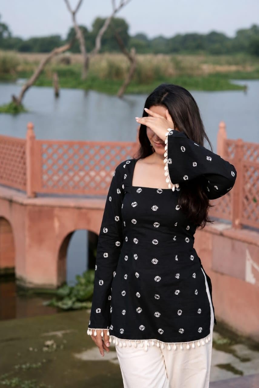 Women's Rayon Printed Short Kurti | Square Neck | Bell Sleeves | Lace-Up Back Design with Pom Pom Lace | Casual Ethnic Top for Daily Office College Wear (in, Alpha, Regular, Black) - Image 4