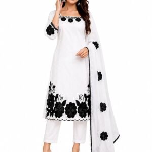 Women's White Kurta Set with Black Floral Applique Work