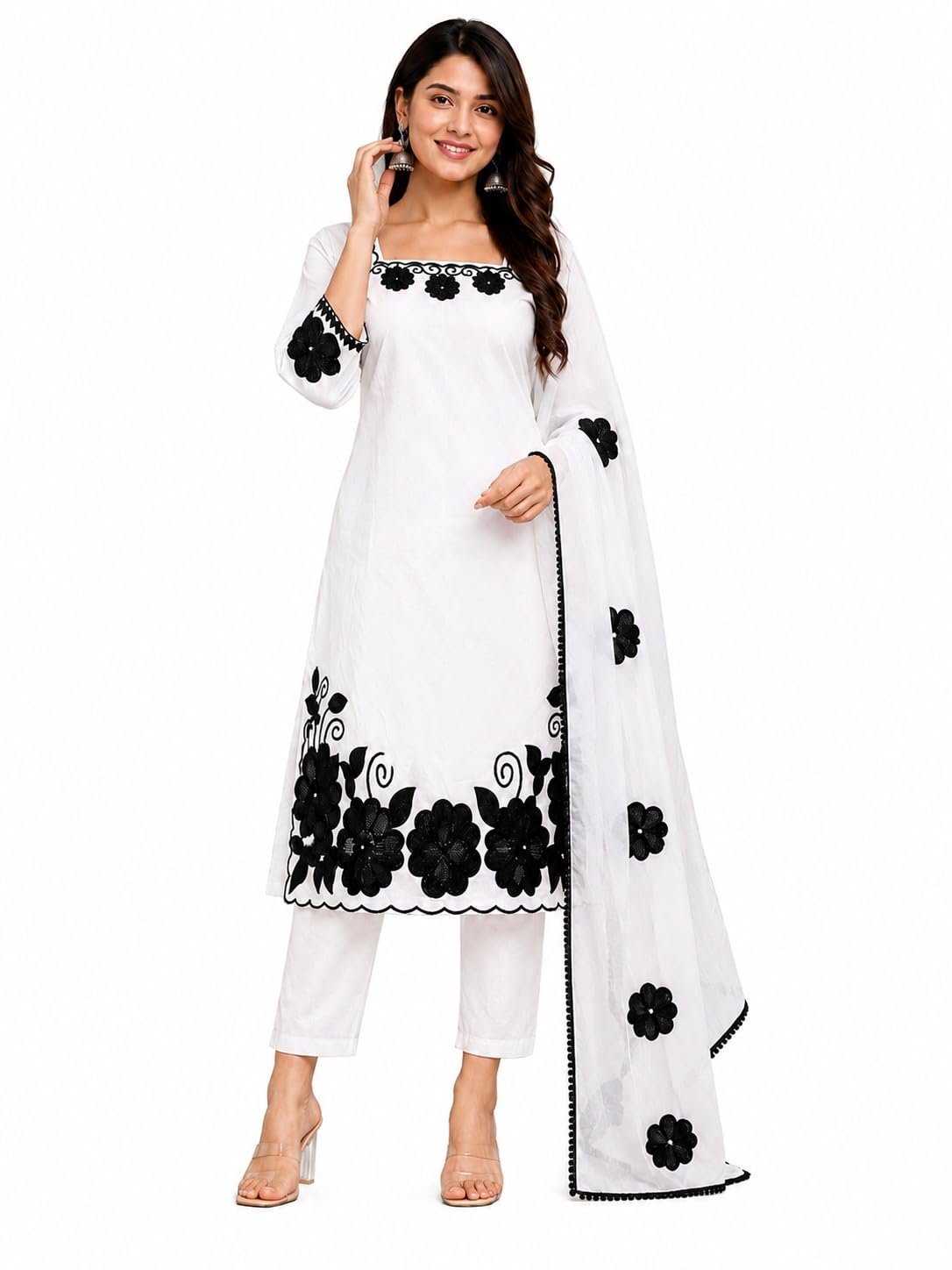 Women's White Kurta Set with Black Floral Applique Work