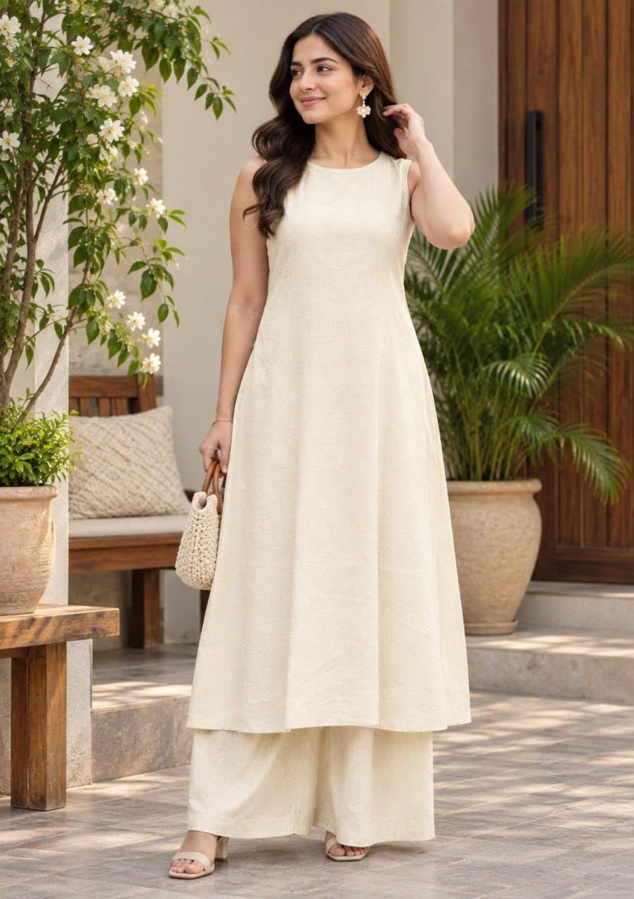 Rayon Kurta for Women | Sleeveless Kurti Set Woman | Anarkali Kurti with Palazzo | Plain Co Ord Outfit | Office Party Traditional Clothing for Womens (in, Alpha, Regular, Womens, Off-White) - Image 3
