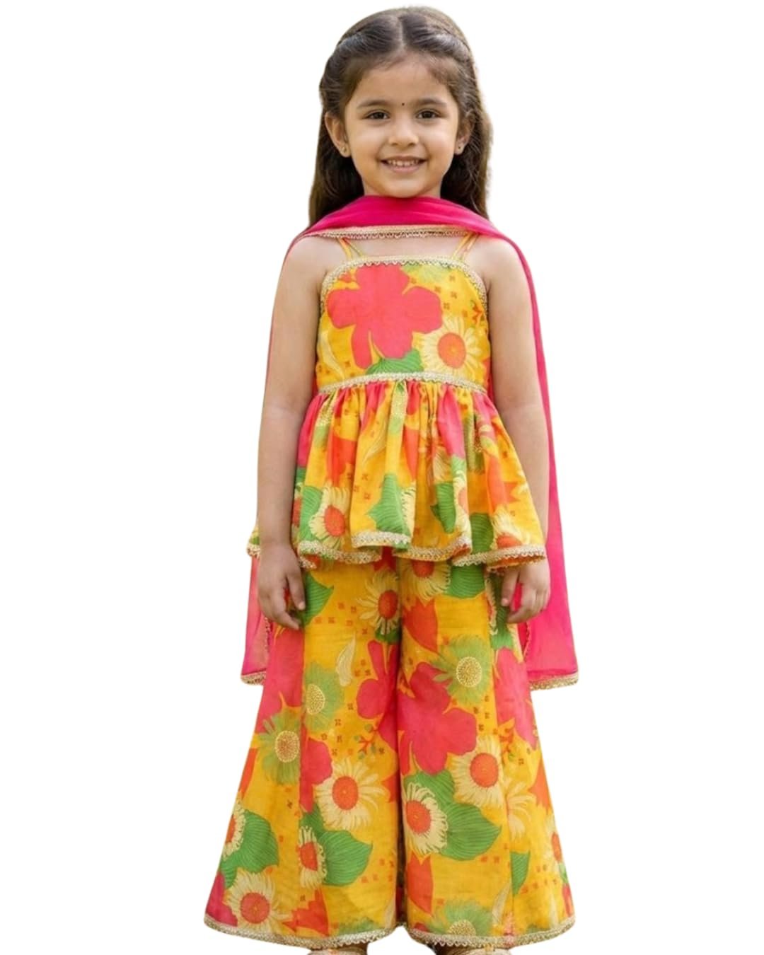 Jetiva Clothing Girls Heavy Rayon with digital Print Digital Print Kids Top&Bottom with Net dupatta set for girls (multi, 3-4 years)