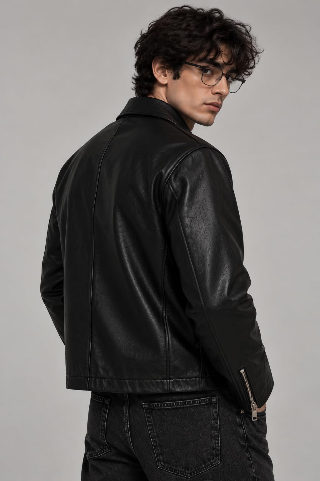 Men's Black Faux Leather Biker Jacket with Zip Closure - Image 2