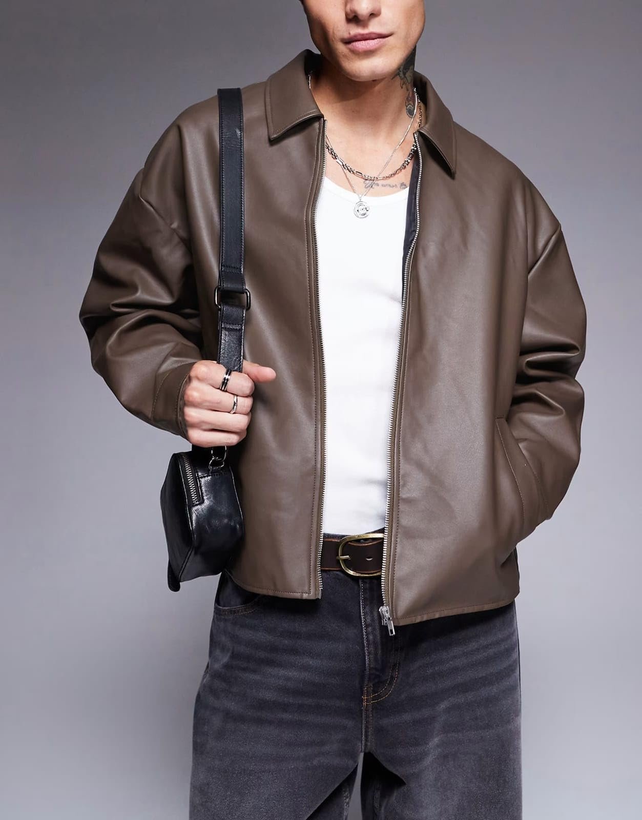 Men's Oversized Faux Leather Jacket Brown PU Casual Biker Bomber Style Coat - Image 2