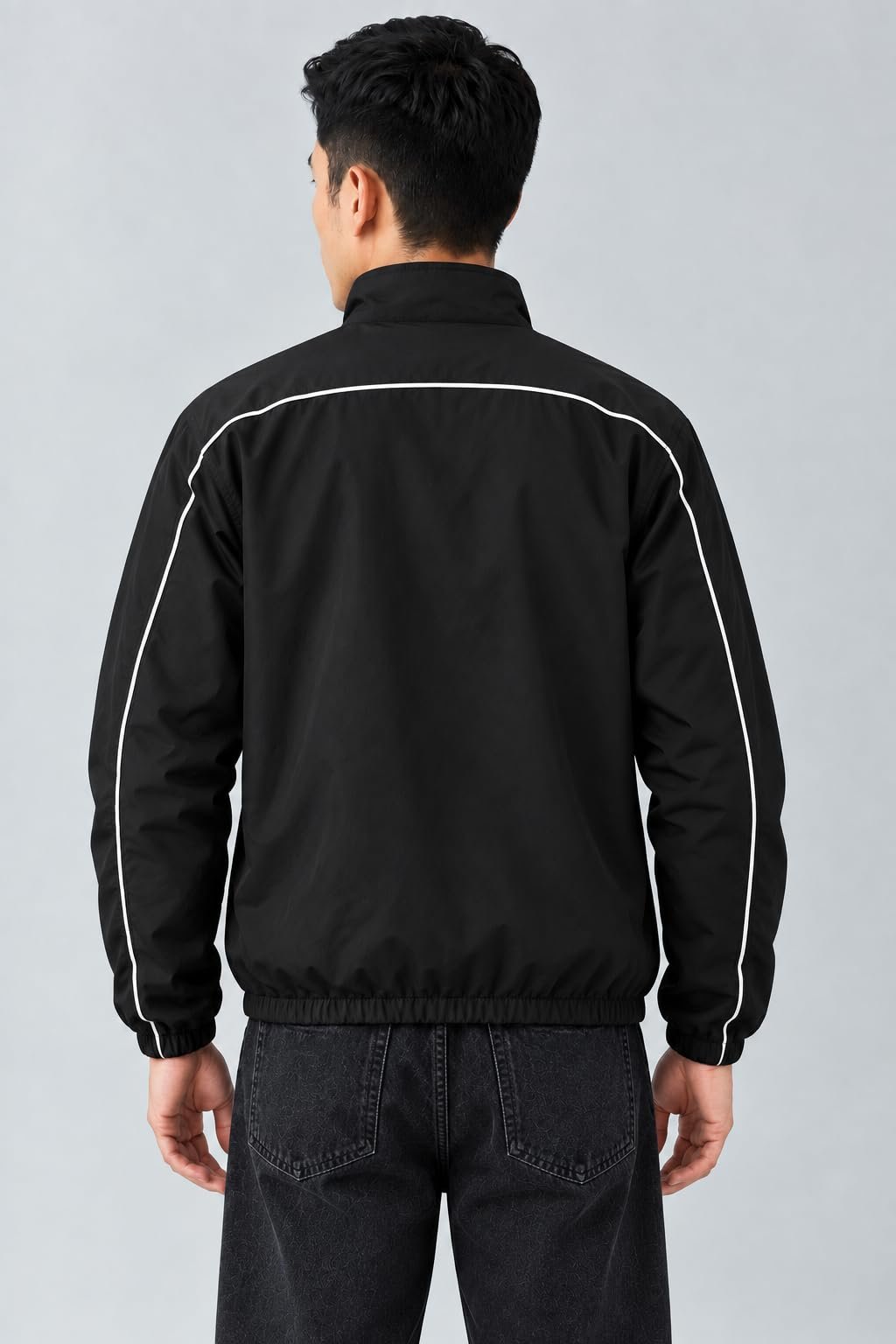 Men's Black Lightweight Windcheater Jacket with White Piping - Image 2