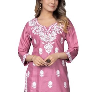 Women's Yellow Chikankari Kurti, Floral Embroidered, V-Neck, Full Sleeves, Ethnic Wear (in, Alpha, 3XL, Pink)