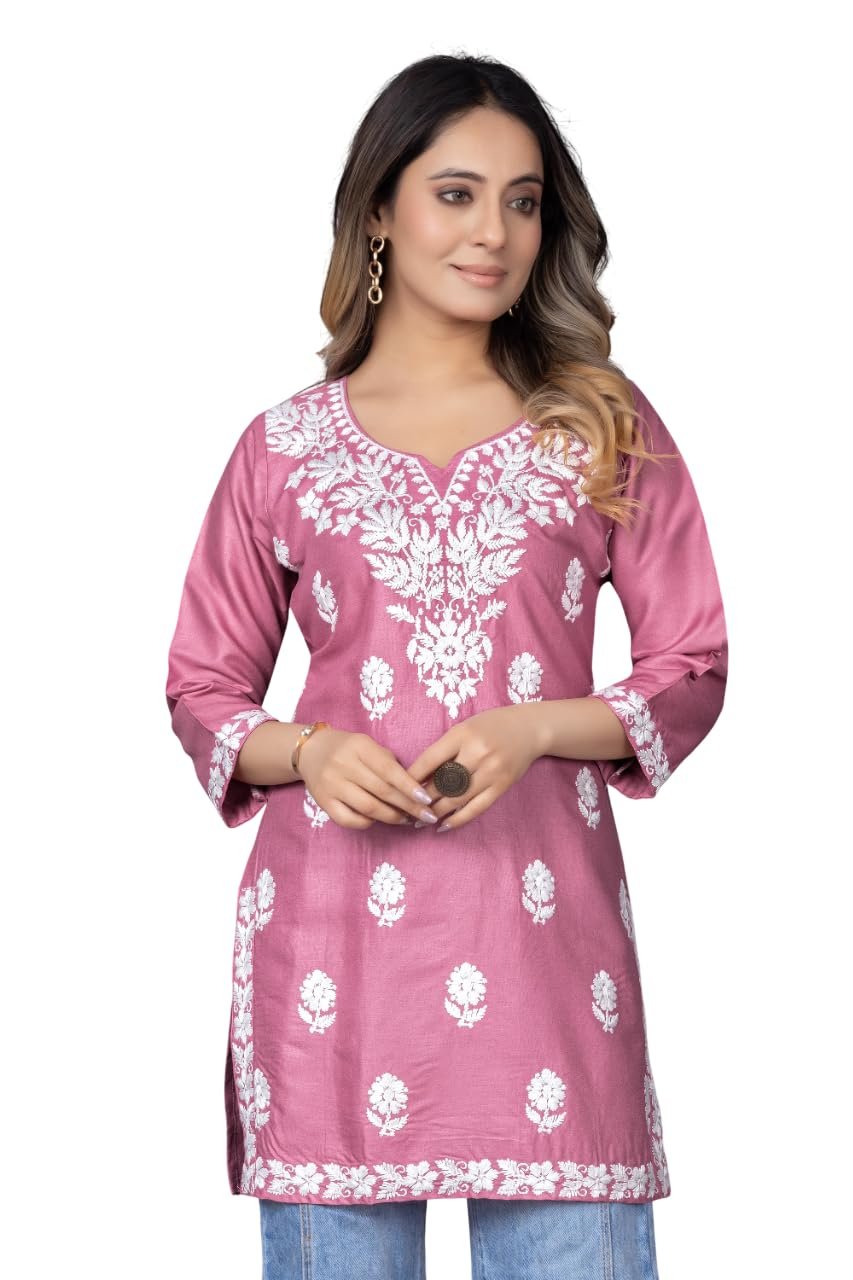 Women's Yellow Chikankari Kurti, Floral Embroidered, V-Neck, Full Sleeves, Ethnic Wear (in, Alpha, 3XL, Pink)