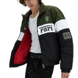 Motorsport Bomber Jacket for Men & Women | Olive Green, White & Black Colorblock Racing Graphic Print Jacket | Vintage Biker Streetwear Zip-Up Outerwear | Casual Urban Fashion Windbreaker Jacket