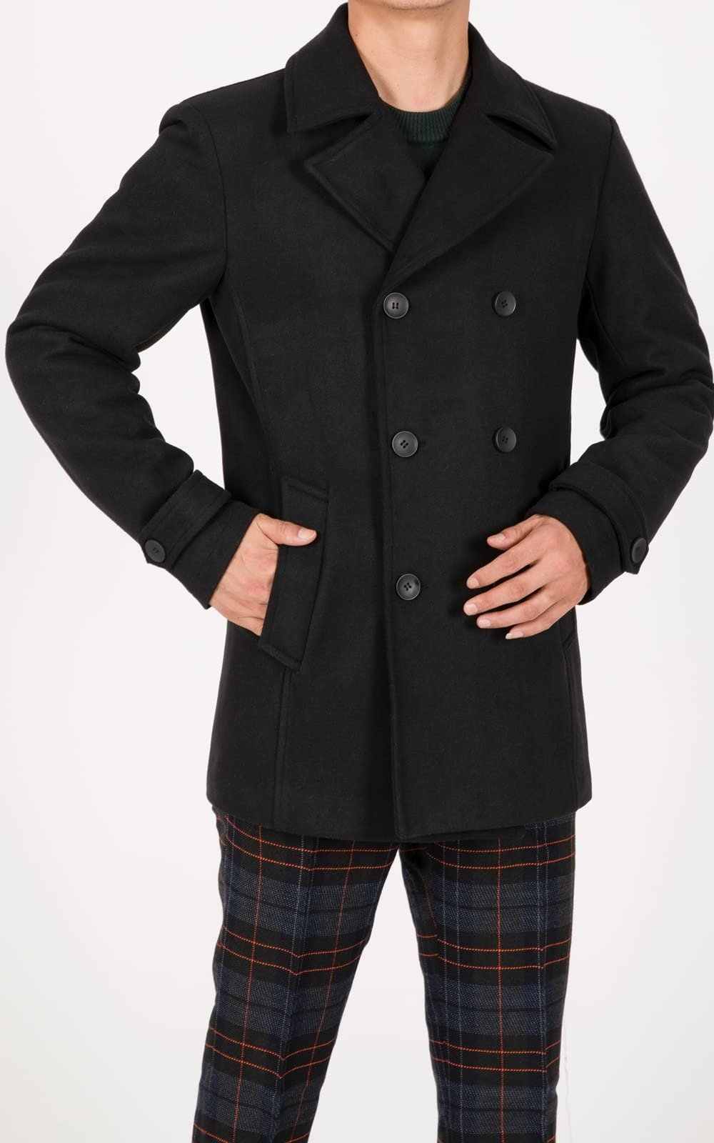 Men's Double Breasted Wool Blend Pea Coat, Quilted Lined Overcoat, Black, Large - Image 4