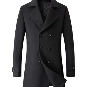Men's Woolen Trench Coat Regular Fit Double Breasted Wool Blend Jacket Winter Pea Coat Businesss Overcoat, Black, 3XL