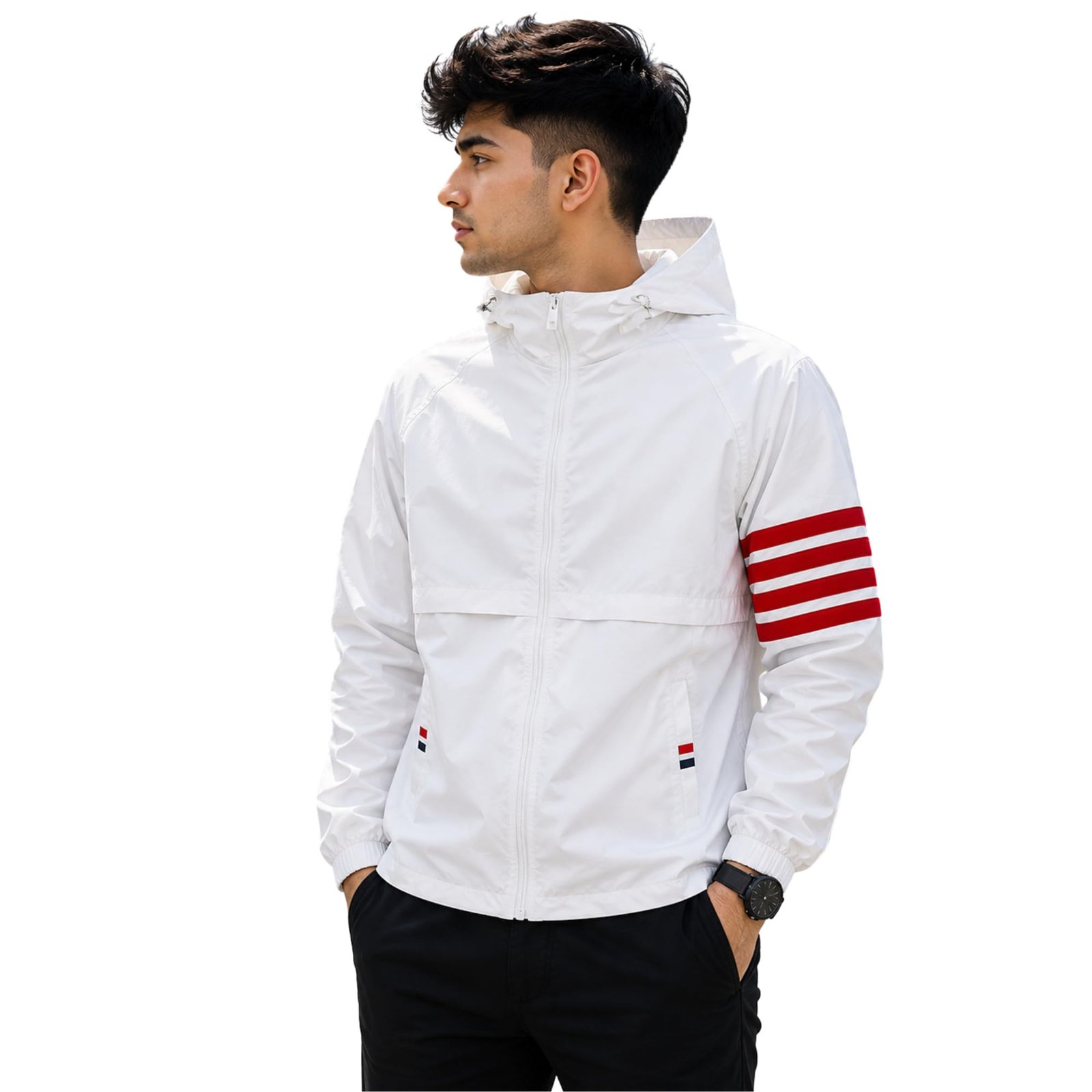 Men's Lightweight Hooded Windcheater Jacket with Full Front Zipper Striped Sleeve Detail Elastic Cuffs and Casual Outdoor Wear Design-KRN Patti White Upper Jacket