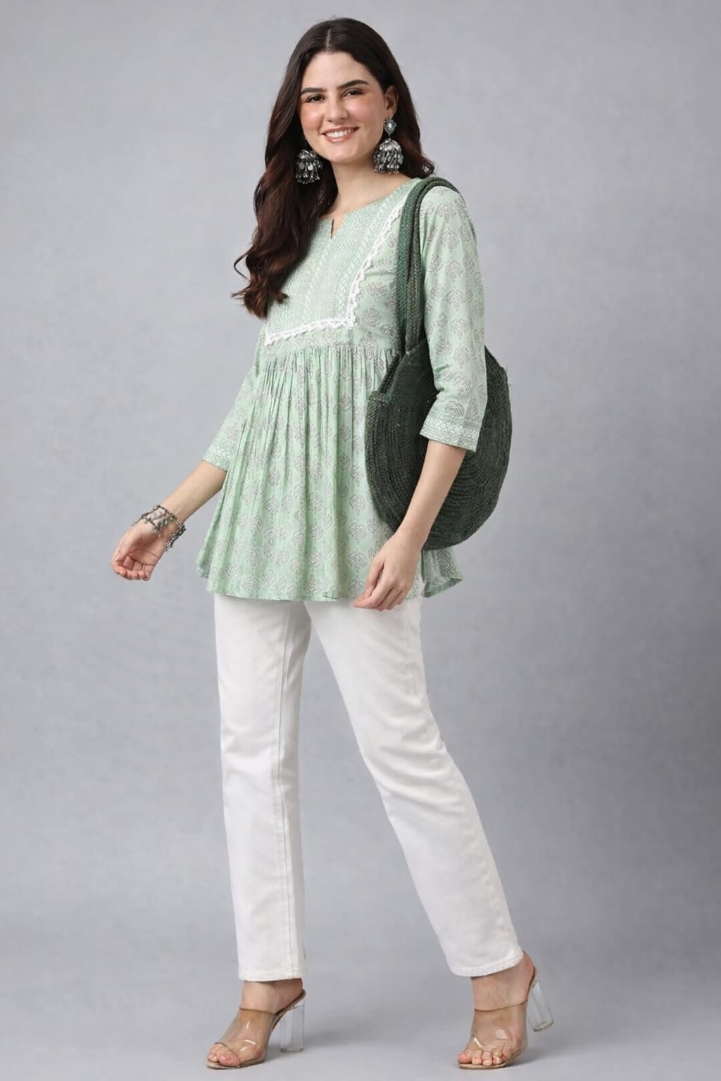 Women’s Viscose Rayon Printed Kurti Top 3/4 Sleeve A-Line Kurti for Women (in, Alpha, Regular, Light Green) - Image 5