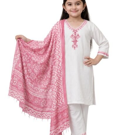 Girls Khadi Cotton Embroidered Work 3-Piece Salwar Suit Set With Floral Printed Dupatta Traditional Ethnic Outfit for Festive Functions (IN, Age, 9 Years, 10 Years, Regular, Baby Girls, Pink)