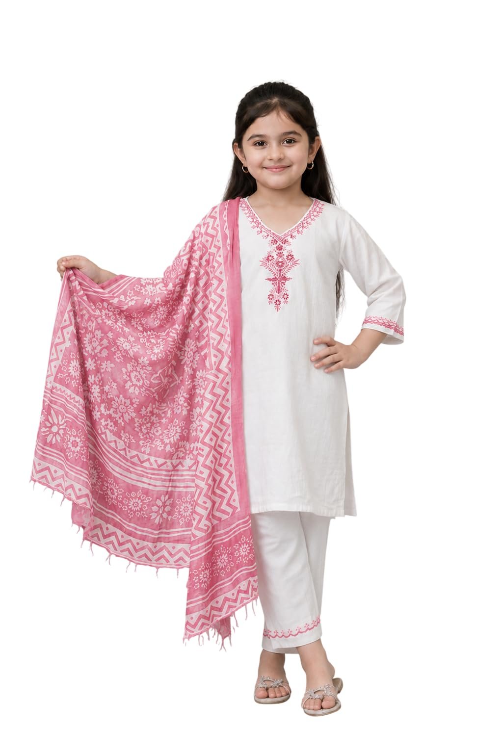 Girls Khadi Cotton Embroidered Work 3-Piece Salwar Suit Set With Floral Printed Dupatta Traditional Ethnic Outfit for Festive Functions (IN, Age, 9 Years, 10 Years, Regular, Baby Girls, Pink)