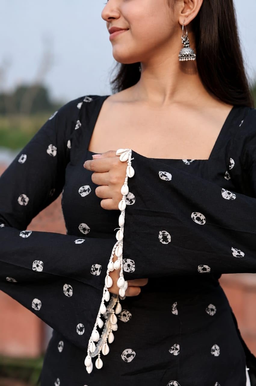 Women's Rayon Printed Short Kurti | Square Neck | Bell Sleeves | Lace-Up Back Design with Pom Pom Lace | Casual Ethnic Top for Daily Office College Wear (in, Alpha, Regular, Black) - Image 5