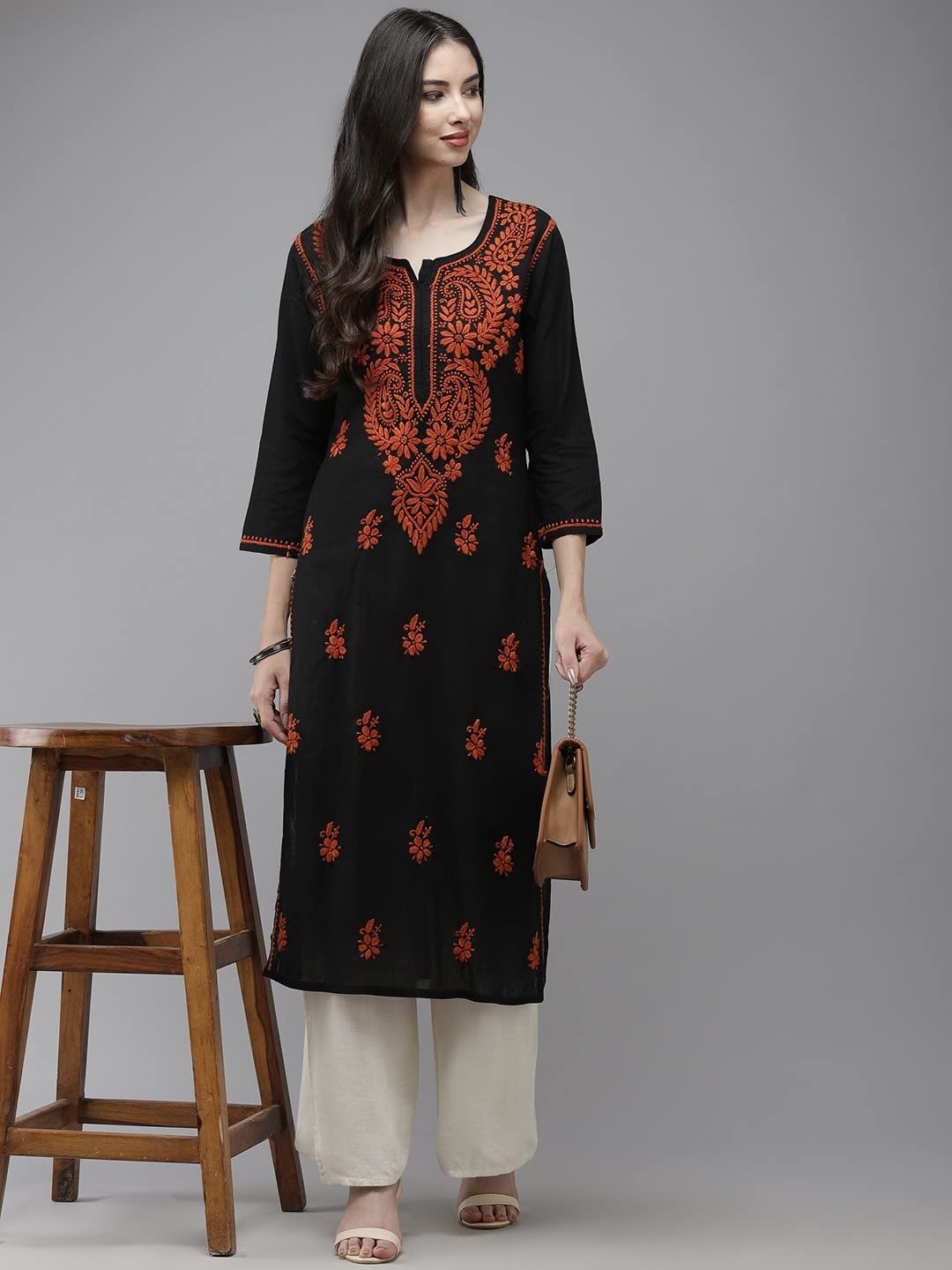 Hand Embroidered Chikankari Black Cotton Kurta for Women A411277 - Image 5