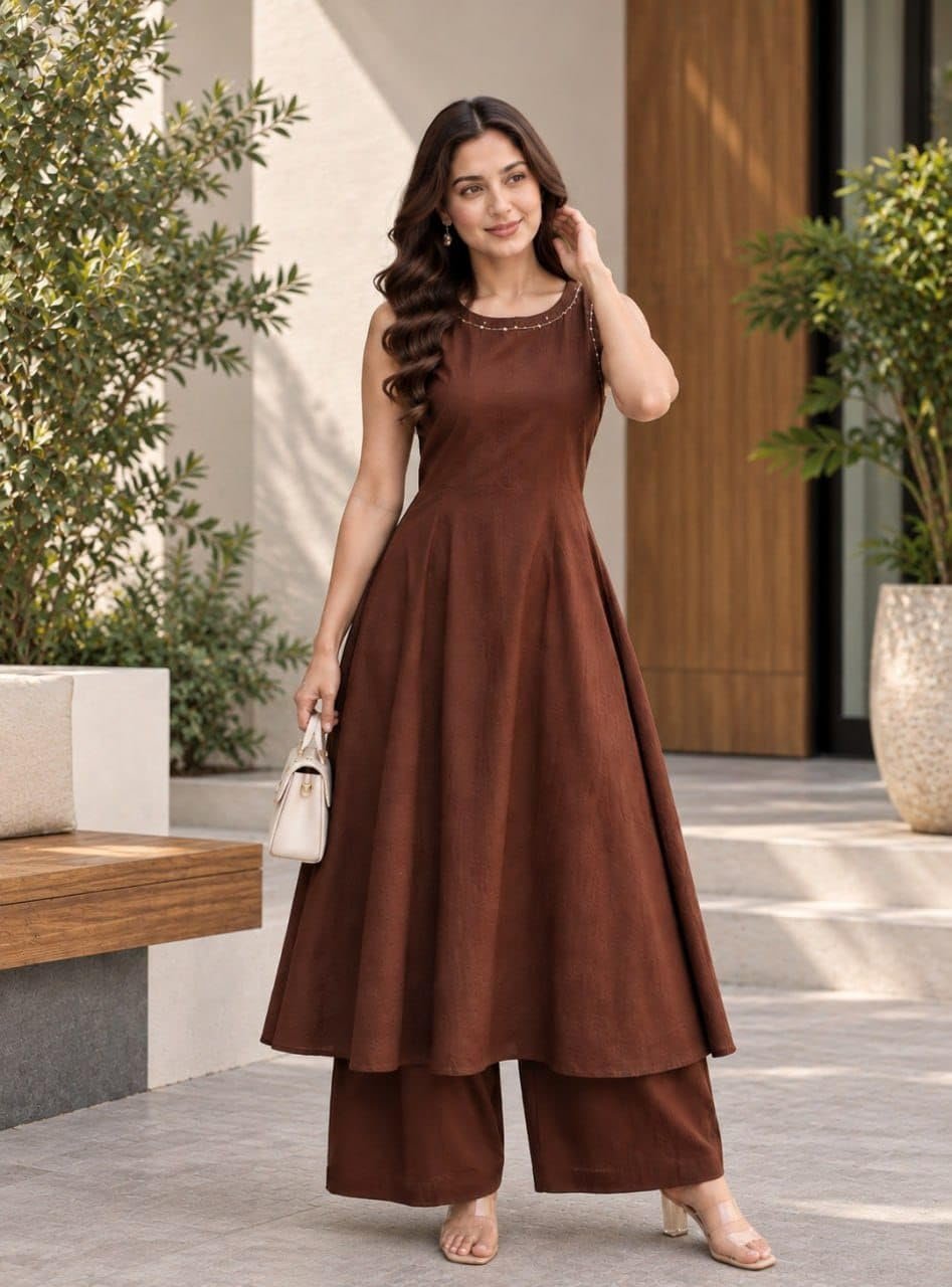 Rayon Kurta for Women | Sleeveless Kurti Set Woman | Anarkali Kurti with Palazzo | Plain Co Ord Outfit | Office Party Traditional Clothing for Womens (in, Alpha, Regular, Womens, Brown) - Image 2