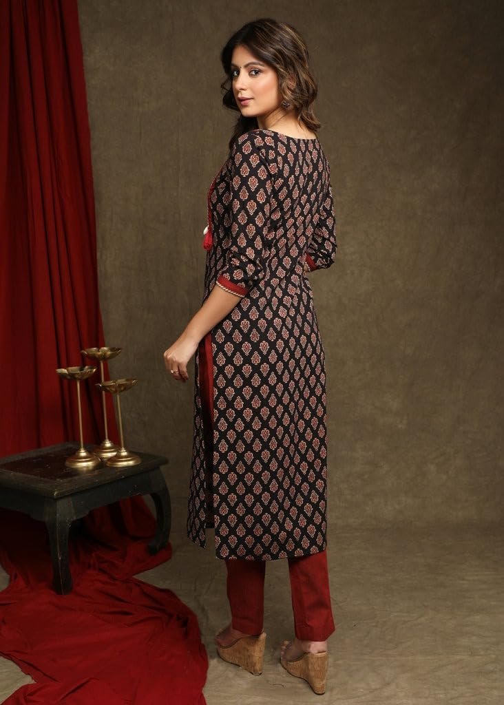 Raghav Silk Pure Cotton Ajrakh Print Straight Kurti for Women (in, Alpha, Black) - Image 2
