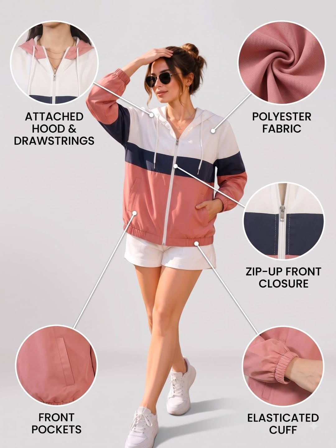 Women’s Color Block Zip-Up Hooded Windbreaker Jacket - Image 6