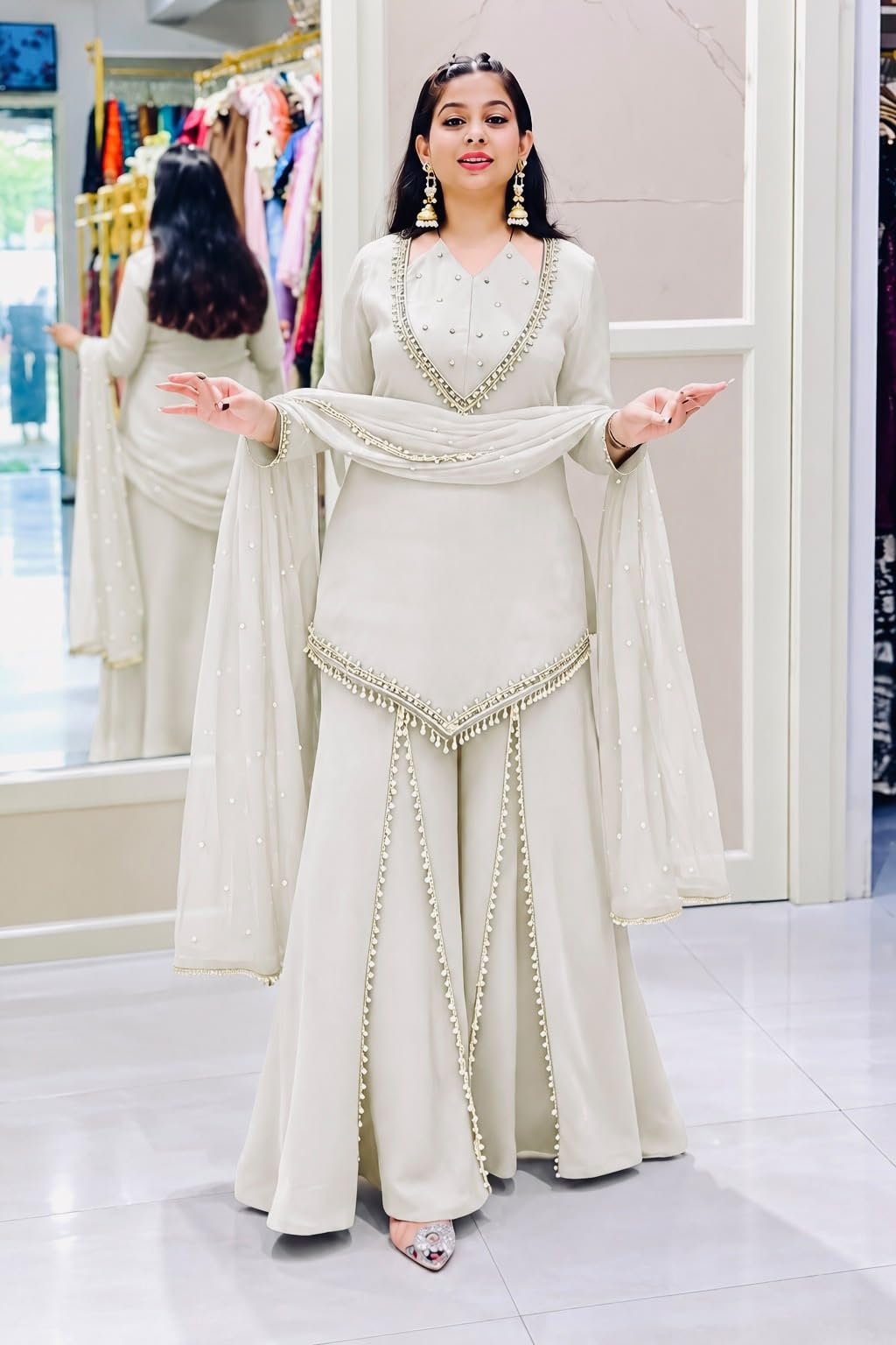 Women’s Roman Glass Kurti with Real Mirror Work, Fully Stitched Ready to Wear Ethnic Top, Full Sleeve Kurti with Heavy Micro Cotton Inner, 32–33 Inch Length White - Image 2