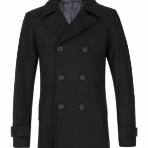 Men's Double Breasted Wool Blend Pea Coat, Quilted Lined Overcoat, Black, Large