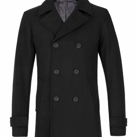 Men's Double Breasted Wool Blend Pea Coat, Quilted Lined Overcoat, Black, Large