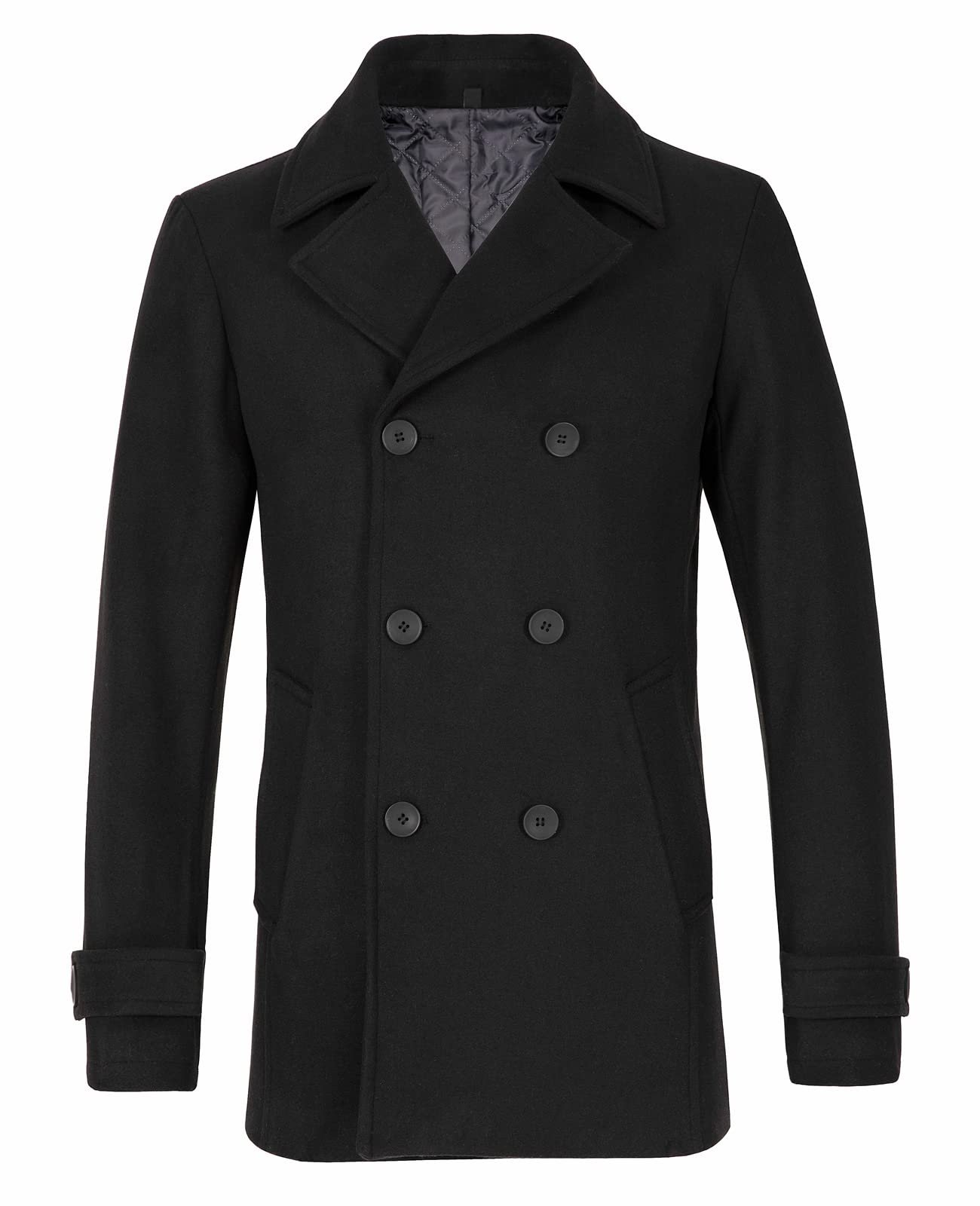 Men's Double Breasted Wool Blend Pea Coat, Quilted Lined Overcoat, Black, Large