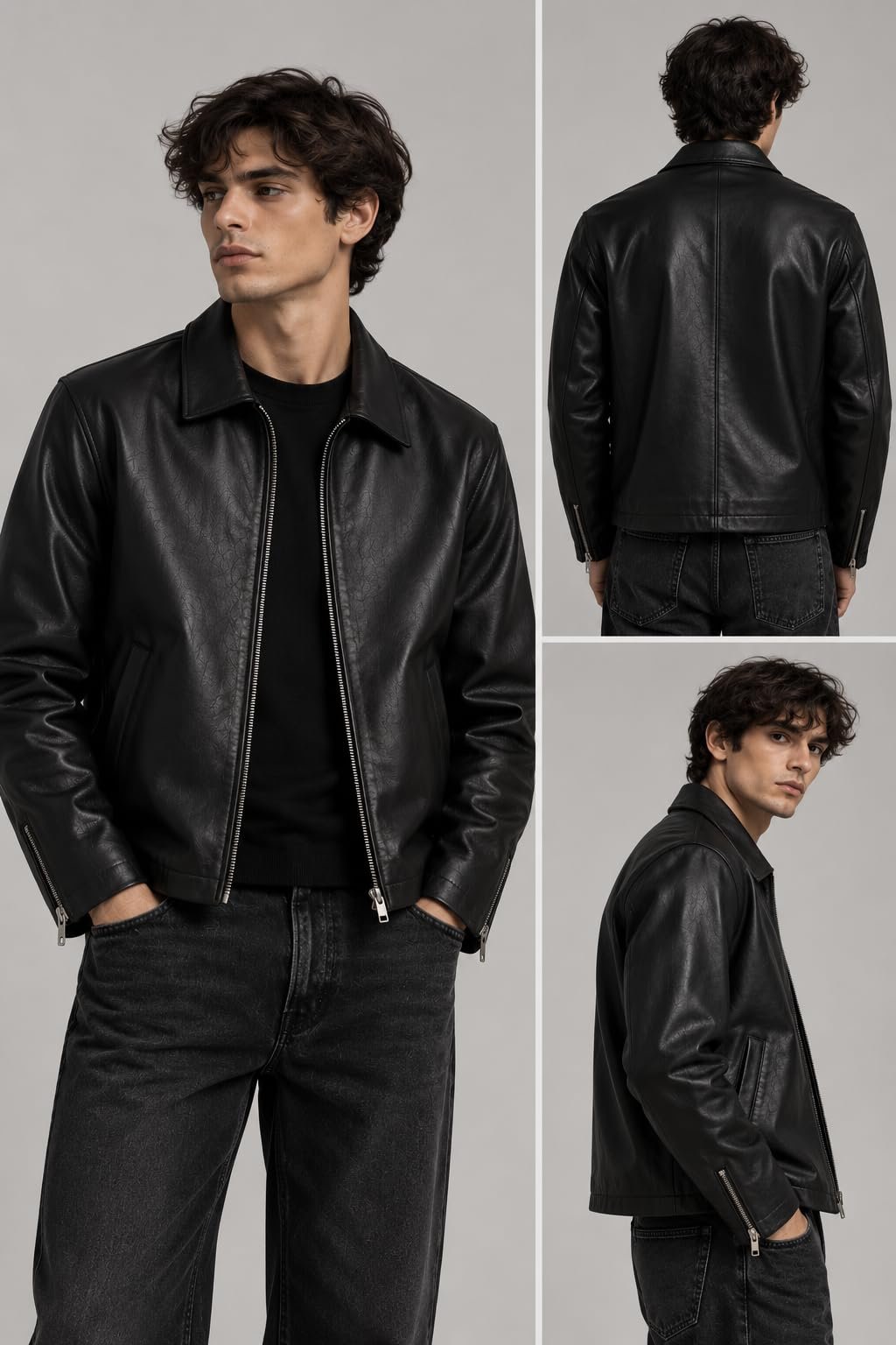 Men's Black Faux Leather Biker Jacket with Zip Closure - Image 5