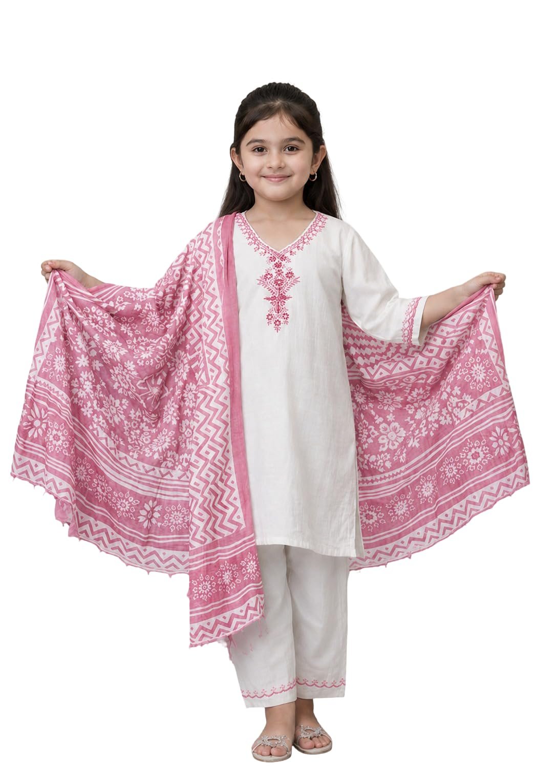 Girls Khadi Cotton Embroidered Work 3-Piece Salwar Suit Set With Floral Printed Dupatta Traditional Ethnic Outfit for Festive Functions (IN, Age, 9 Years, 10 Years, Regular, Baby Girls, Pink) - Image 5