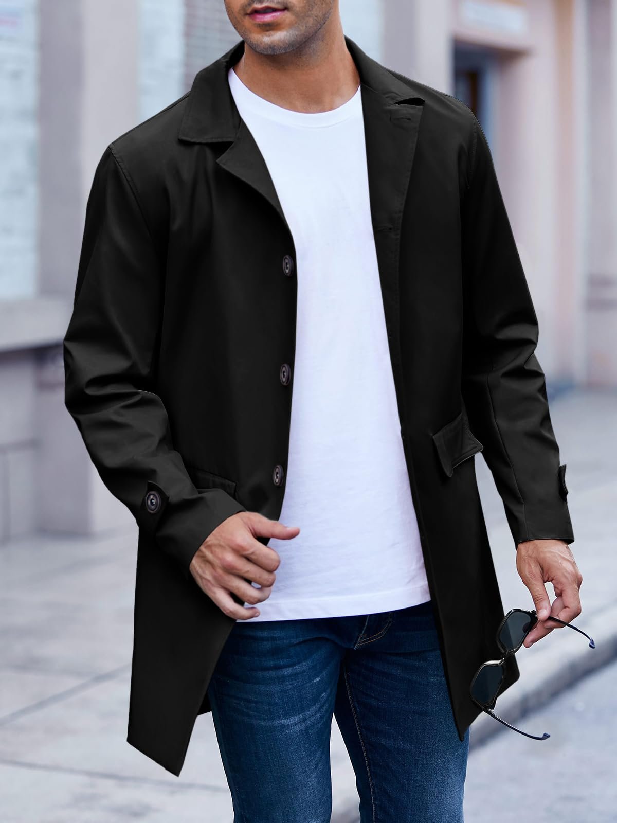 Mens Trench Coat Slim Fit Single Breasted Casual Long Jacket Lightweight Lapel Fall Windbreaker Overcoat, Black, X-Large - Image 3