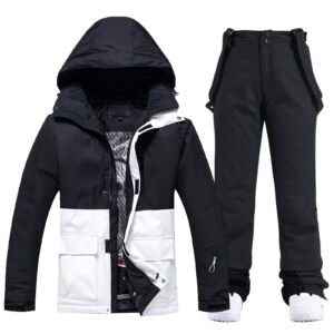 Women's Ski Jackets and Bib Pants Set Windproof Waterproof Insulated Snowsuit, #133bkw+black, Small