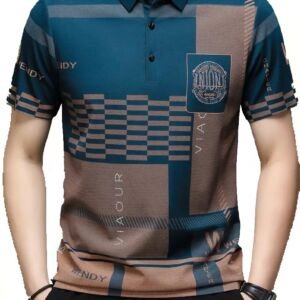 Men's Irregular Geometric Pattern and Alphabet Print Sports Collar Tshirt (Rizim Temu Print Polo-Blue001)