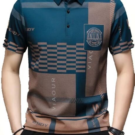 Men's Irregular Geometric Pattern and Alphabet Print Sports Collar Tshirt (Rizim Temu Print Polo-Blue001)