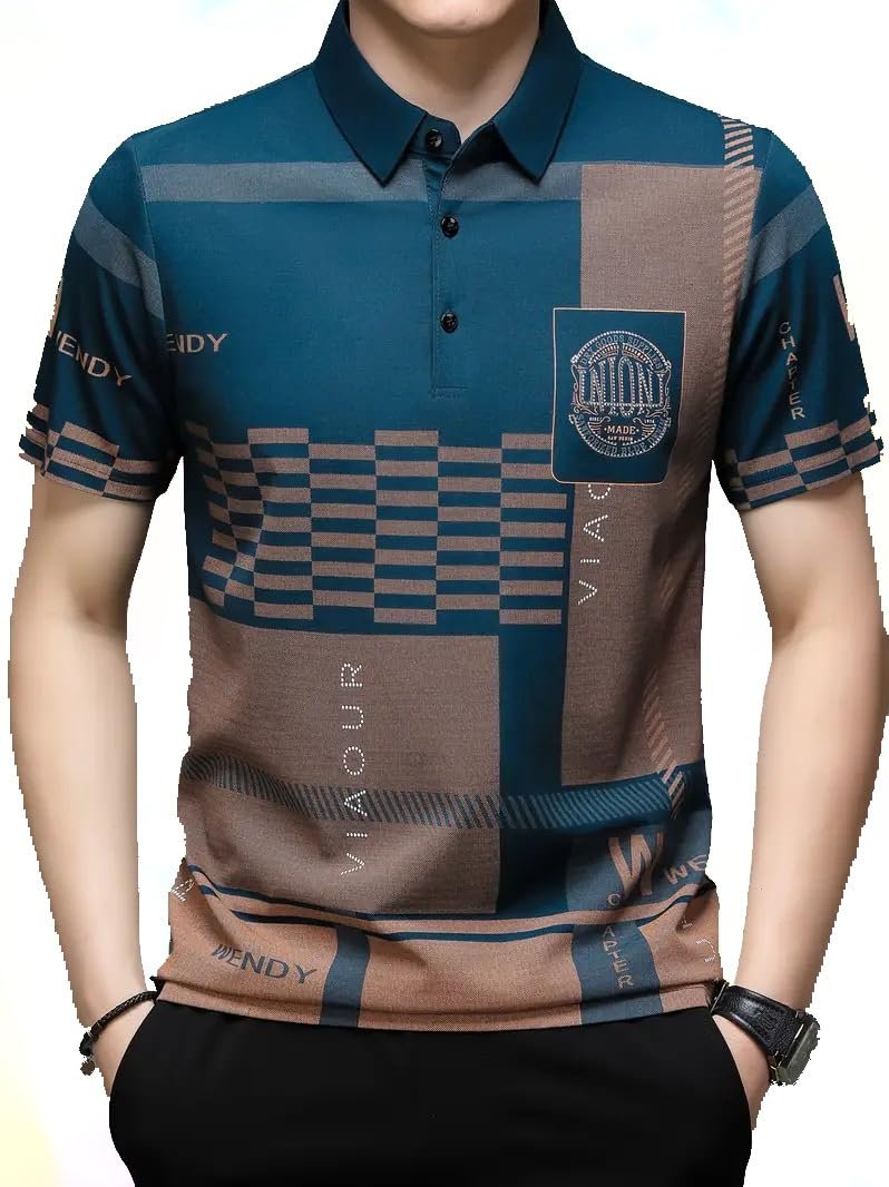 Men's Irregular Geometric Pattern and Alphabet Print Sports Collar Tshirt (Rizim Temu Print Polo-Blue001)