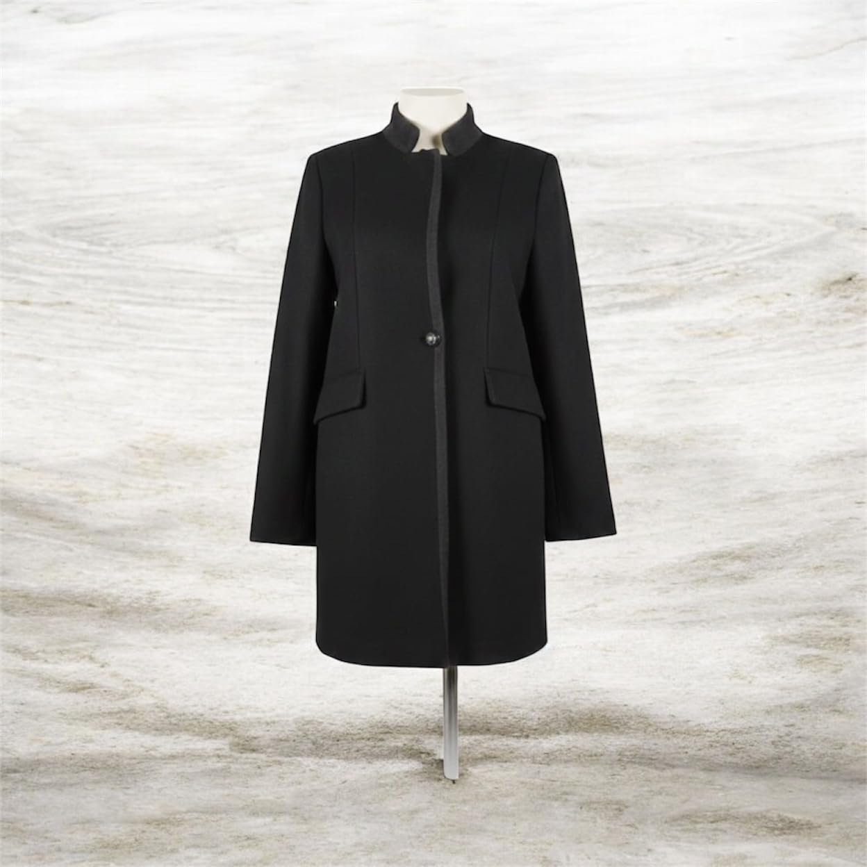 Women's Long Wool Blend Overcoat, Full Length Winter Coat, Solid Colors, Warm Formal Outerwear with Collar and Pockets (Black Grey Line) - Image 3