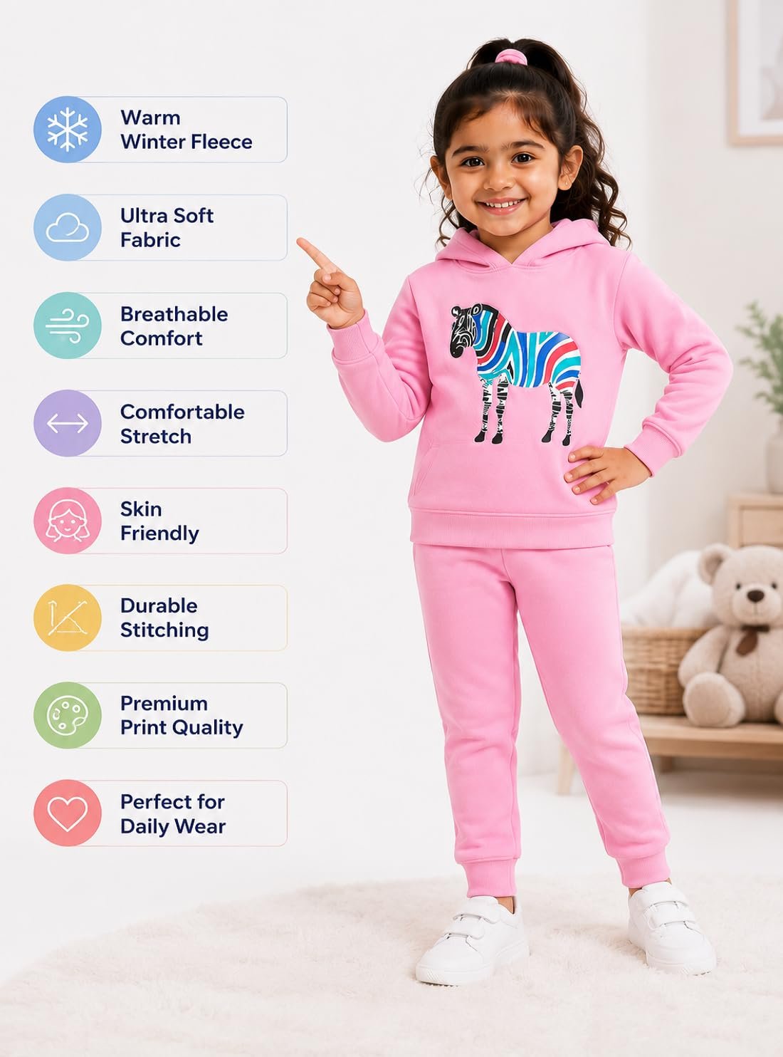 Kids Hoodie Pyjama Set Pink Zebra Embroidery Print Clothing Set. - Image 8