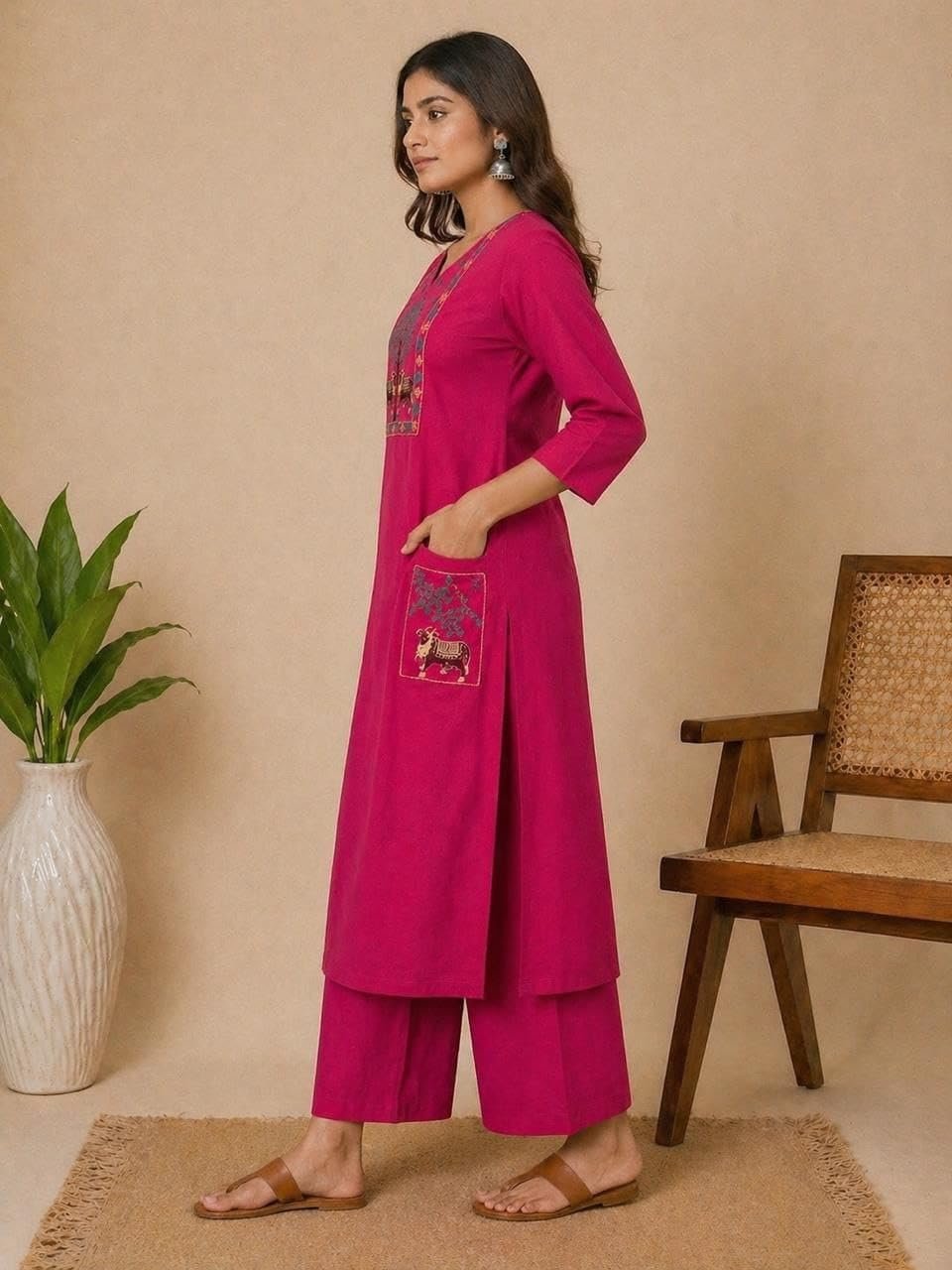 Women's Embroidery Work Kurta & Plazo | 2 Piece Kurta Set With Two side Pocket Kurti | Kurti & Plazo Set | Stylish Cotton Suit Set for Women, Festival (IN, Alpha, Regular, Womens, Pink) - Image 3