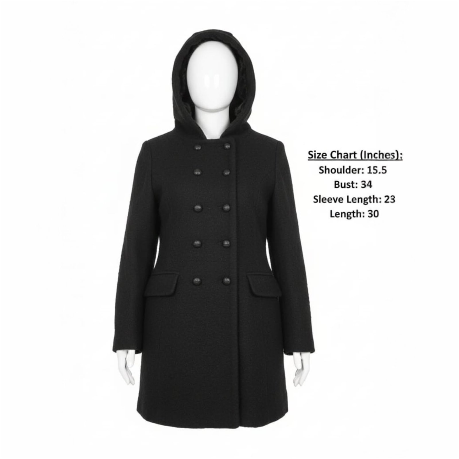 Women's Black Wool Blend Hooded Double Breasted Long Overcoat Winter Jacket Medium - Image 5
