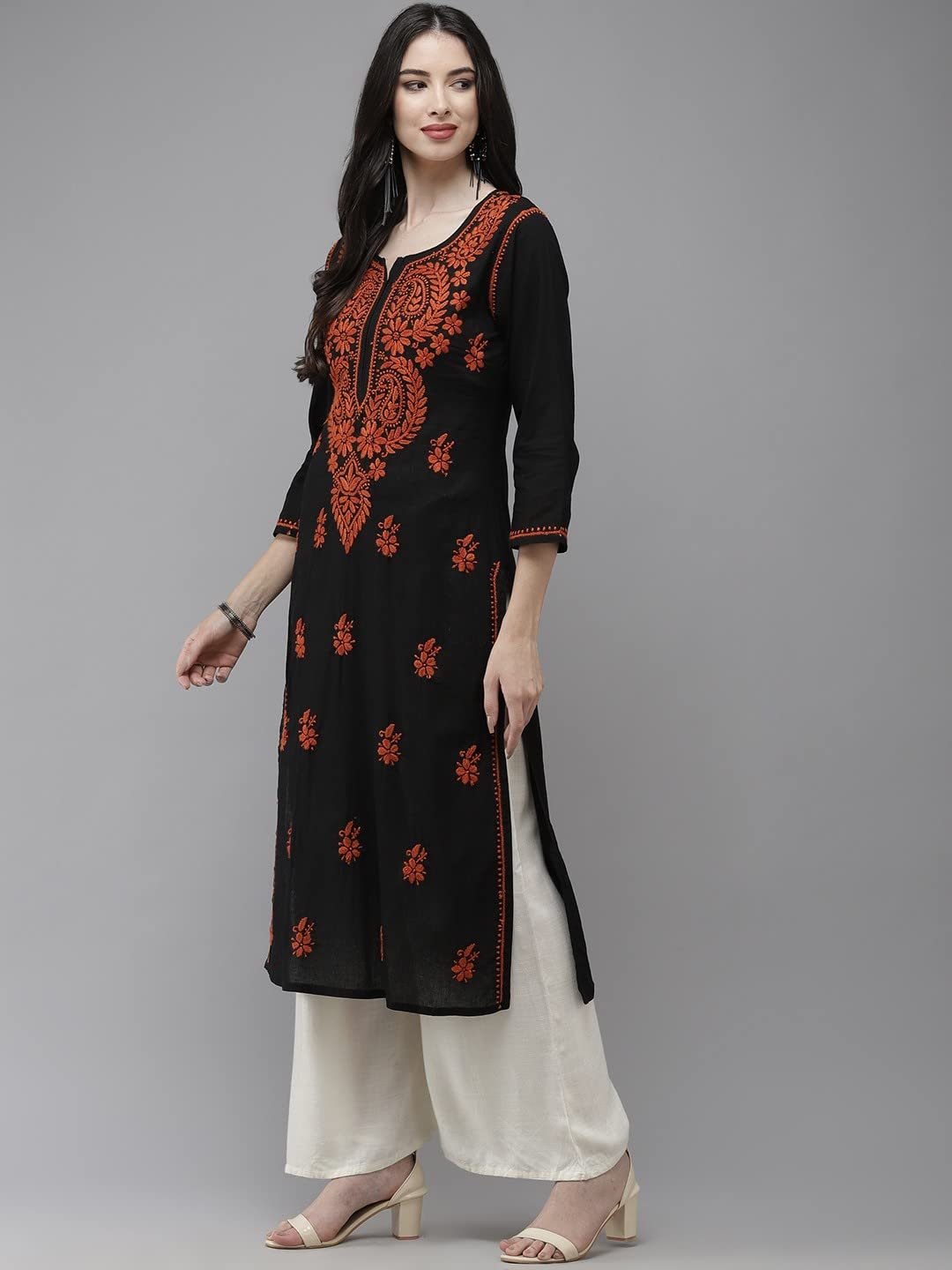 Hand Embroidered Chikankari Black Cotton Kurta for Women A411277 - Image 4