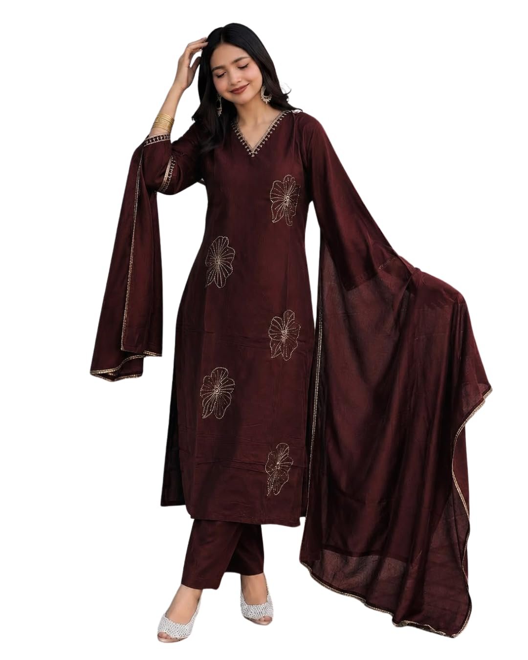 Shree Vastram Creation Women Silk V Neck 3/4 Sleeve Kurti with Pant & Dupatta Set | Elegant Ethnic Wear Kurta Set for Women (IN, Alpha, 3XL, MORNI6-BROWN)