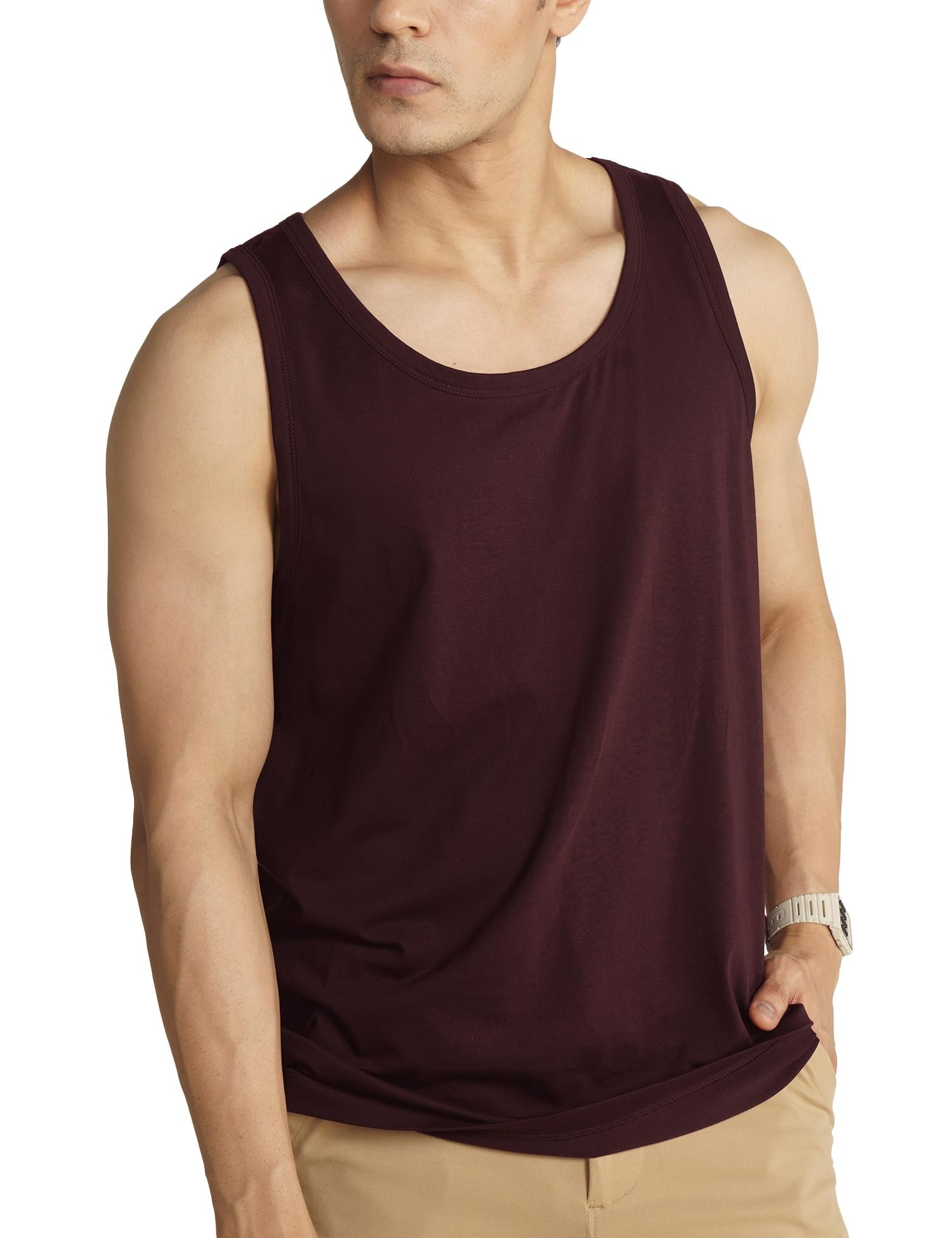 Breeeze Tank Top, Ultra-Lightweight Gym Vests for Men Workout, Anti-Fade Cotton Blend Sando for Man, Relaxed Fit and Airy Sleeveless T Shirts-Sunset Maroon