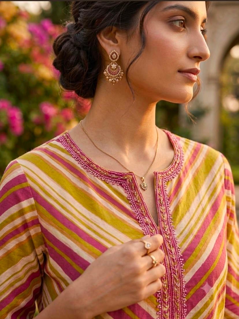 Women's Diagonal Stripe Print Kurta with Bandhani Neck Detail Olive Green - Image 4