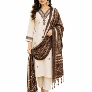 Underline Women’s Printed Kurta Set | Cream & Brown Kurta Pant Dupatta 3 Piece Ethnic Outfit | V Neck 3/4 Sleeve Traditional Indian Wear | Stylish Festive & Casual Dress