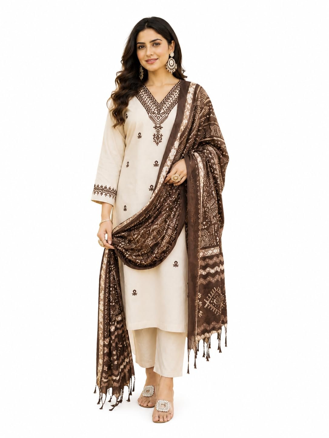 Underline Women’s Printed Kurta Set | Cream & Brown Kurta Pant Dupatta 3 Piece Ethnic Outfit | V Neck 3/4 Sleeve Traditional Indian Wear | Stylish Festive & Casual Dress